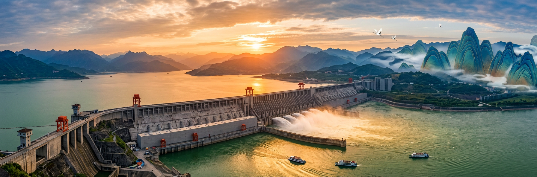 三峡大坝坝顶与江面全景，远方为坛子岭观景平台